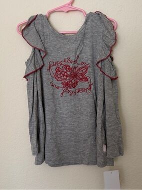 BCBGirls Gray Long Sleeve Ruffle Tee with Red Floral Embroidery